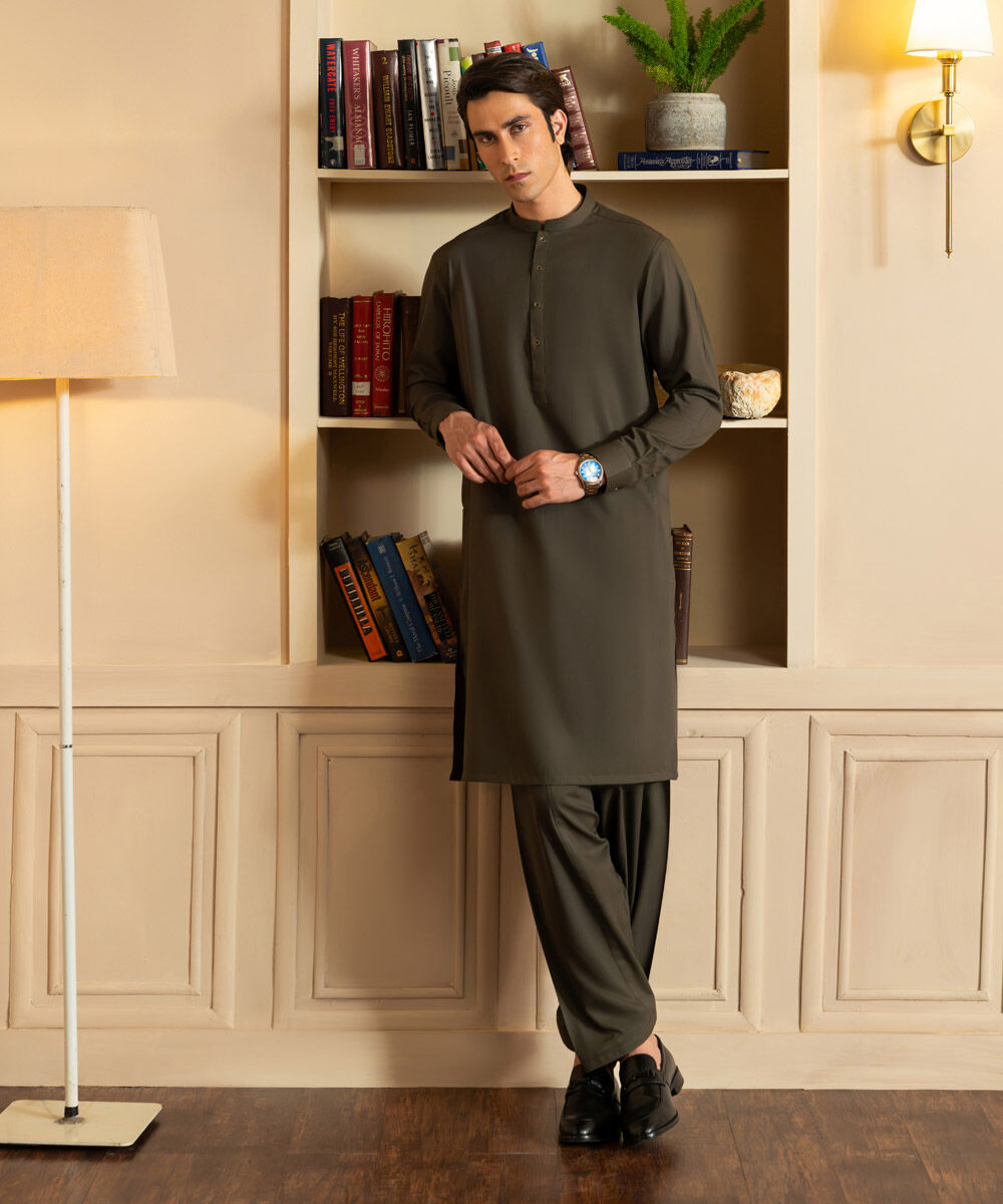 Men's Unstitched Blended Dobby  Brown Full Suit Fabric