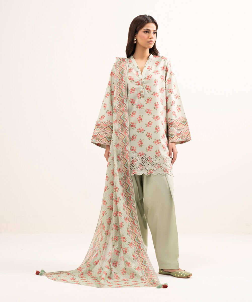 Women's Unstitched Lawn Embroidered Green 3 Piece Suit