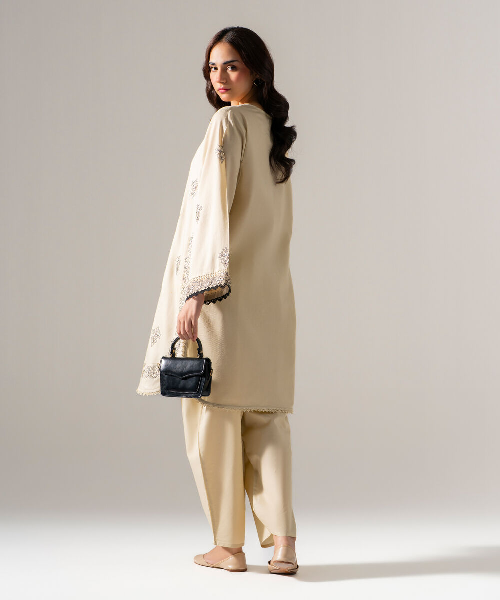 Women's RTW Dobby Solid Embroidered Off White Straight Shirt