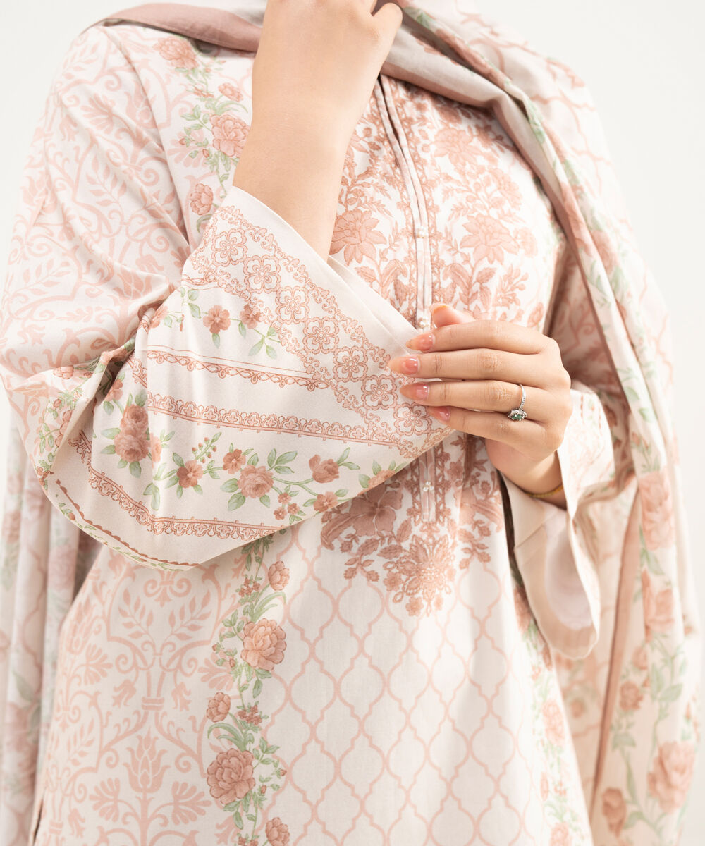 Women's Unstitched Lawn Printed Pink 3 Piece Suit