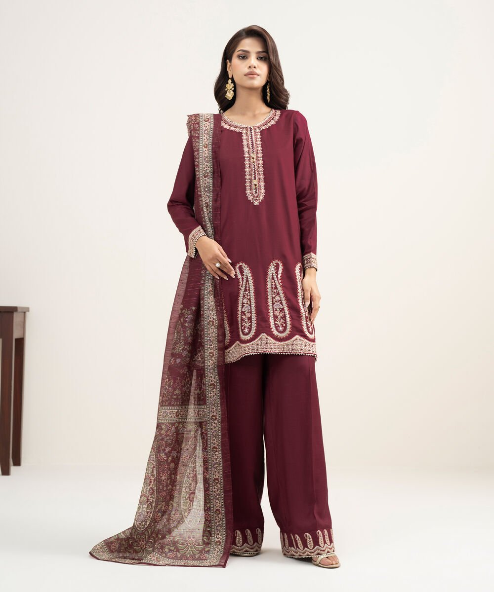 Women's RTW Viscose Raw Silk Embroidered Maroon 3 Piece Suit