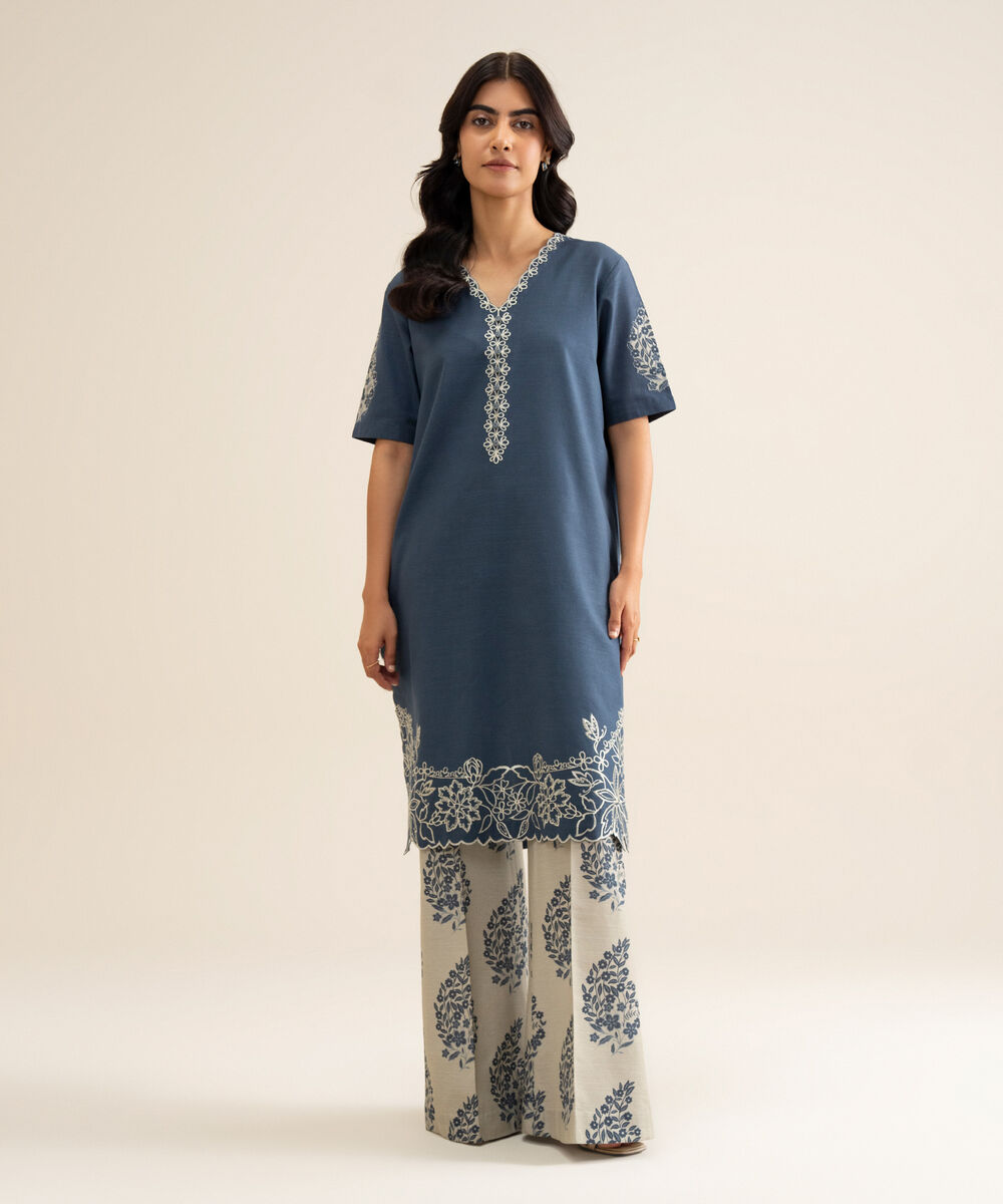 Women's Unstitched Light Khaddar Embroidered Blue 2 Piece Suit