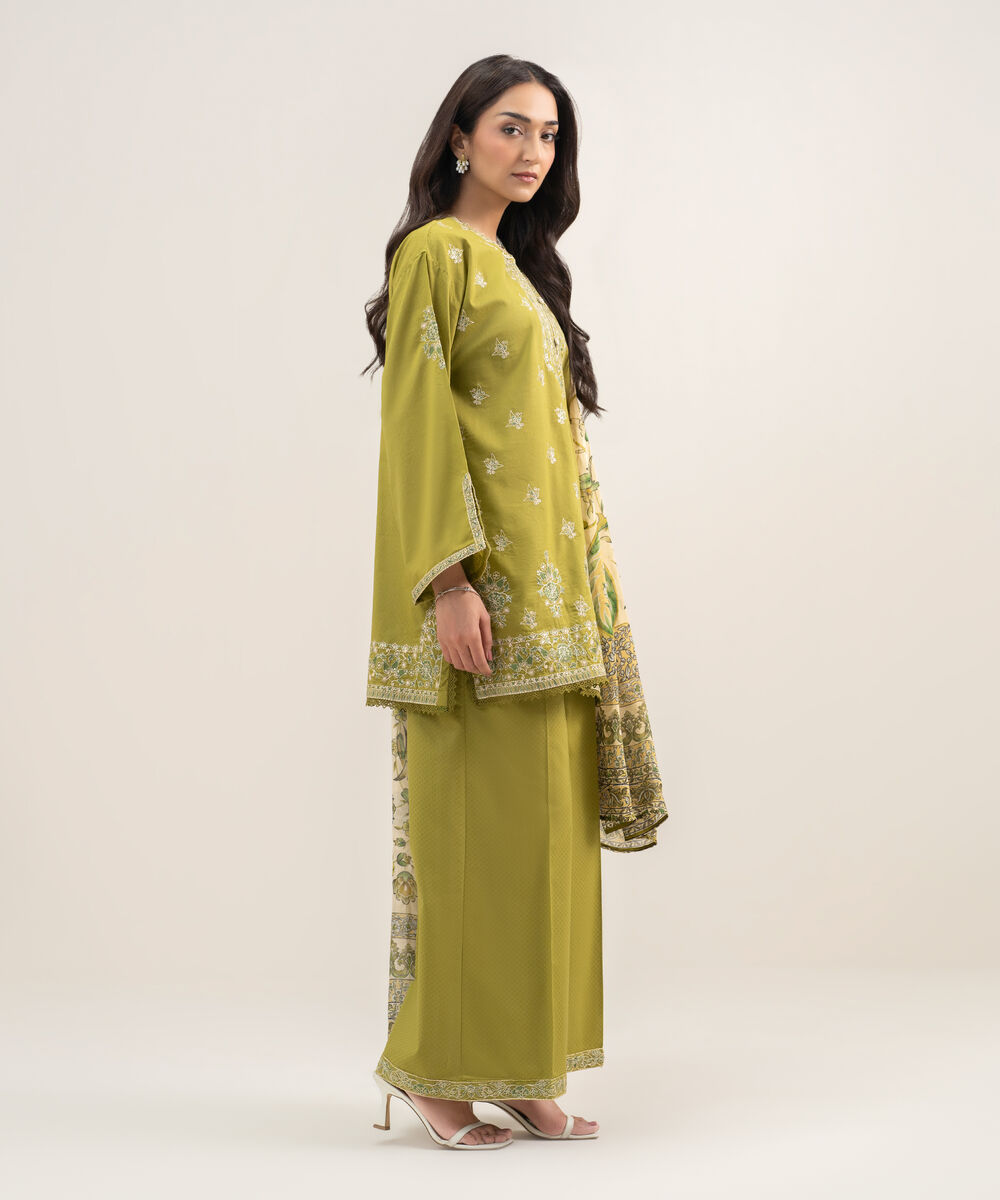 Women's RTW Dobby Embroidered Green 3 Piece Suit