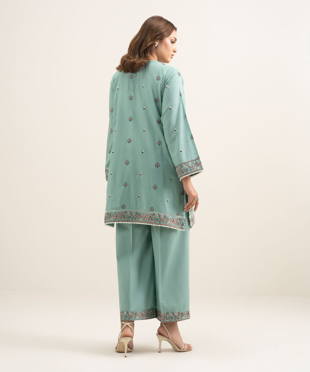 Women's RTW Dobby Embroidered Green A-Line Shirt