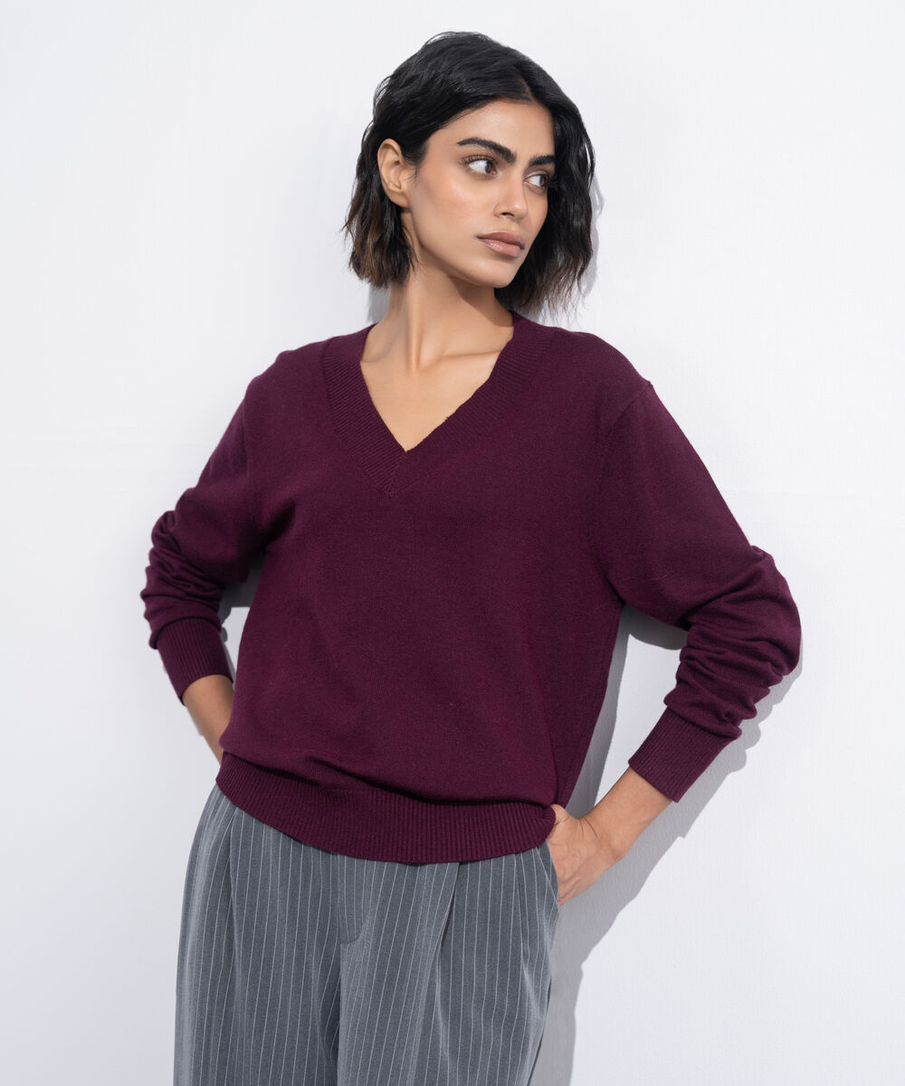 Women's Western Wear Merlot V-Neck Knit Sweater