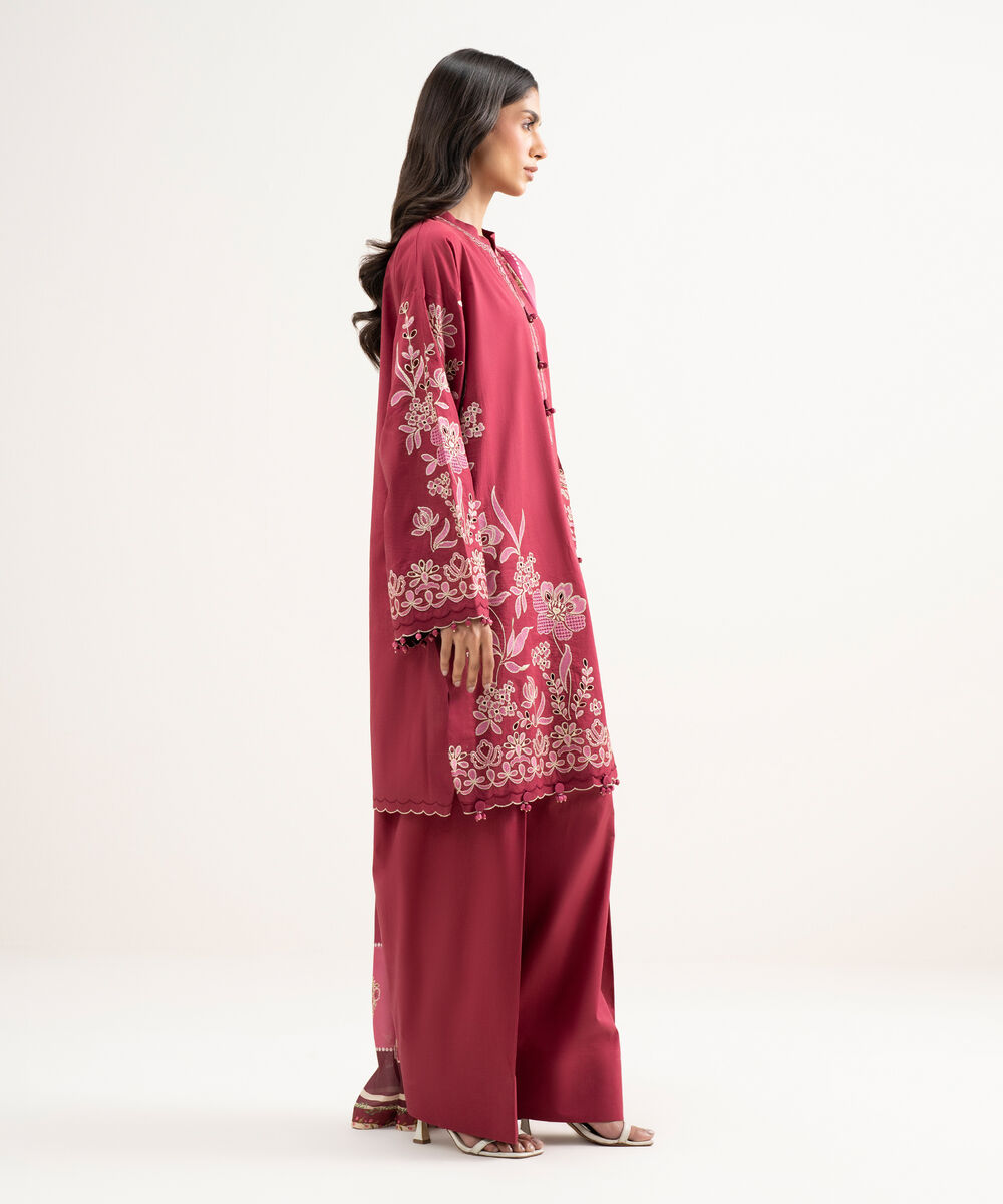 Women's Unstitched Textured Lawn Embroidered Pink 3 Piece Suit