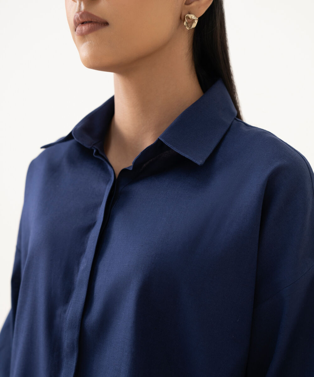 Women's RTW Cotton Linen Blue Solid Button Down Shirt