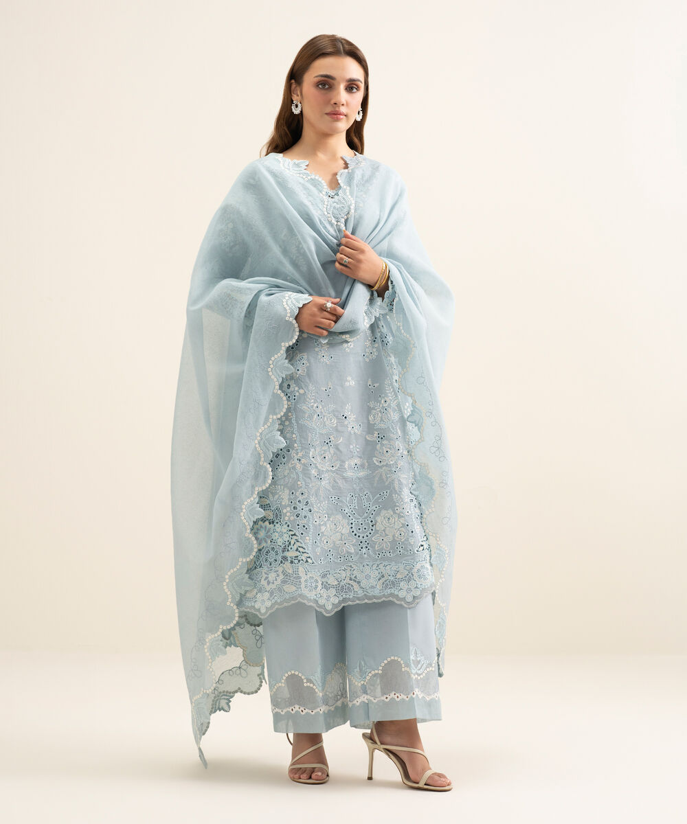Women's Unstitched Lawn Embroidered Blue 3 Piece Suit