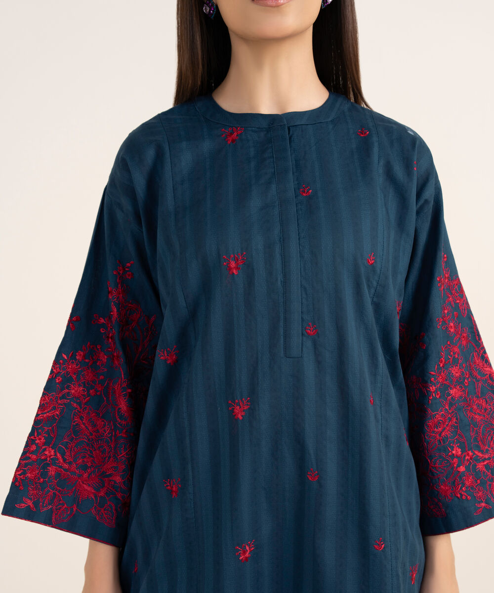 Women's RTW Textured Lawn Blue Embroidered A-Line Shirt