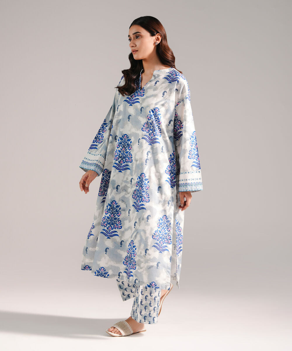 Women's RTW Lawn Printed Grey Straight Shirt