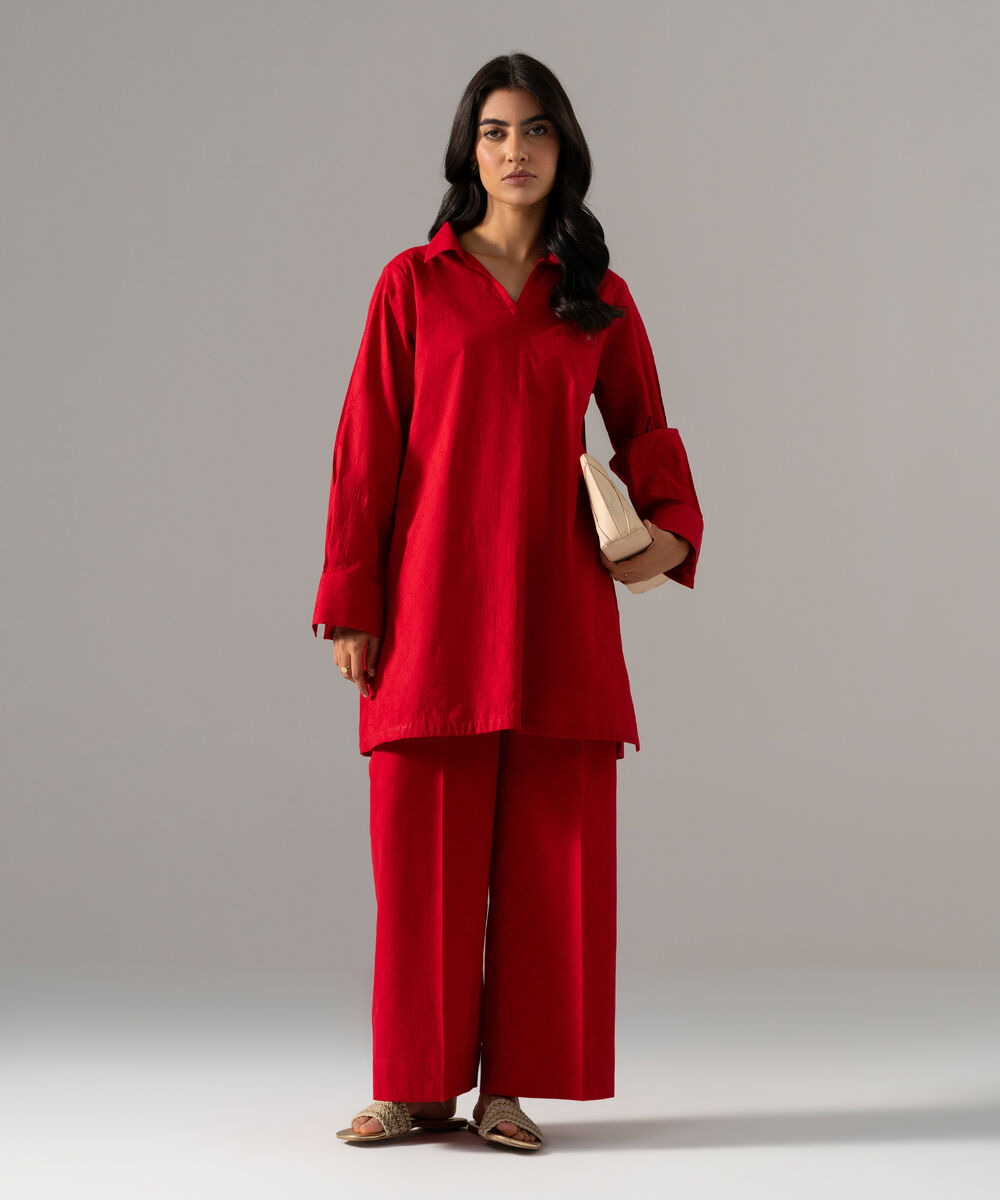 Women's RTW Textured Cotton Solid Red 2 Piece Suit
