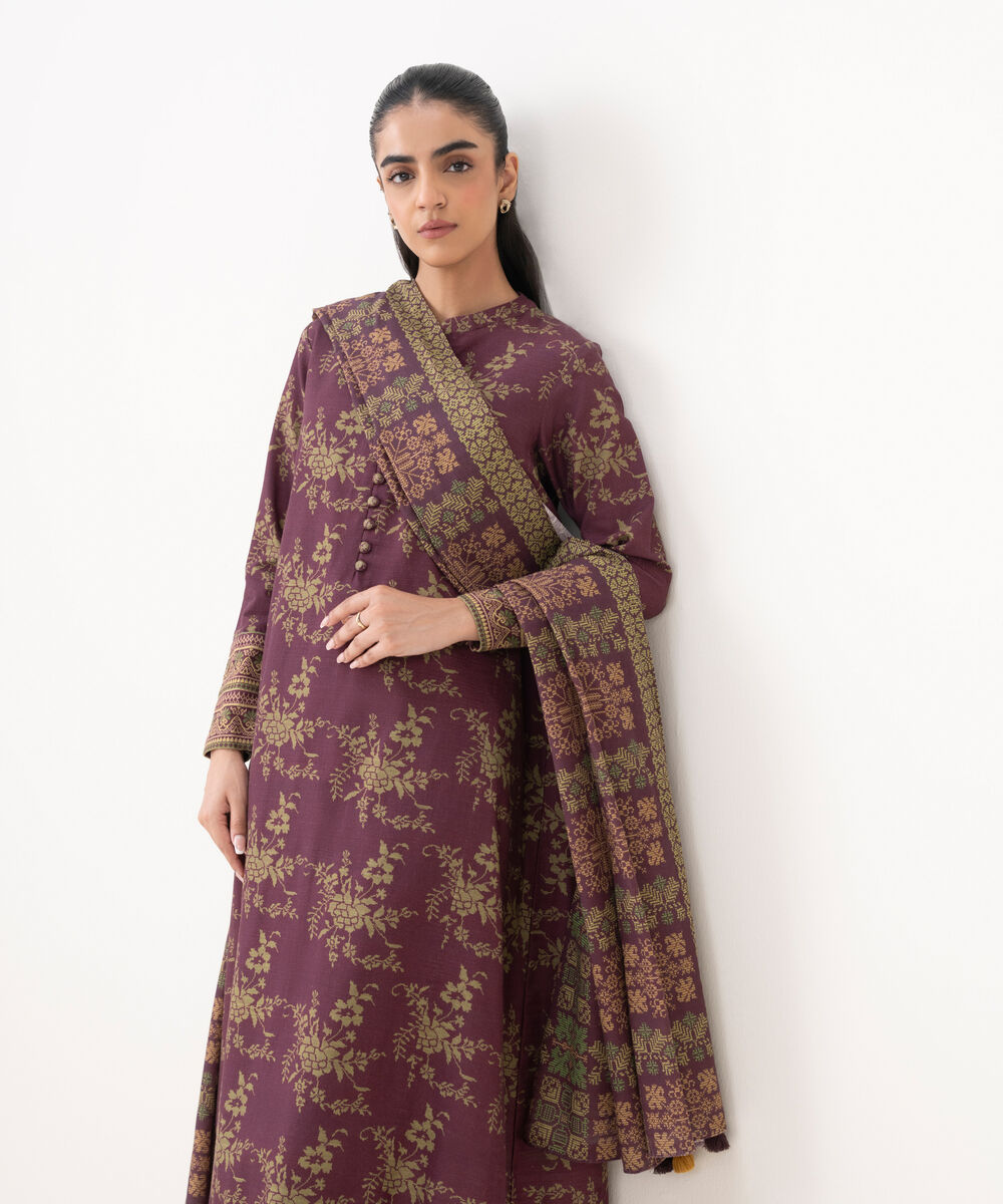 Women's Unstitched Light Khaddar Printed Red 3 Piece Suit