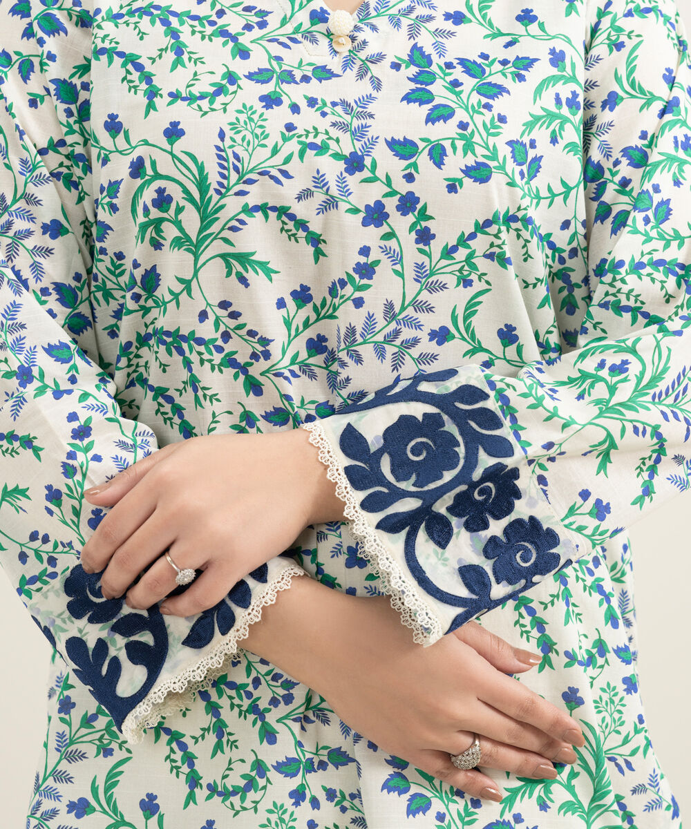 Women's RTW Slub Lawn Embroidered Blue Straight Shirt