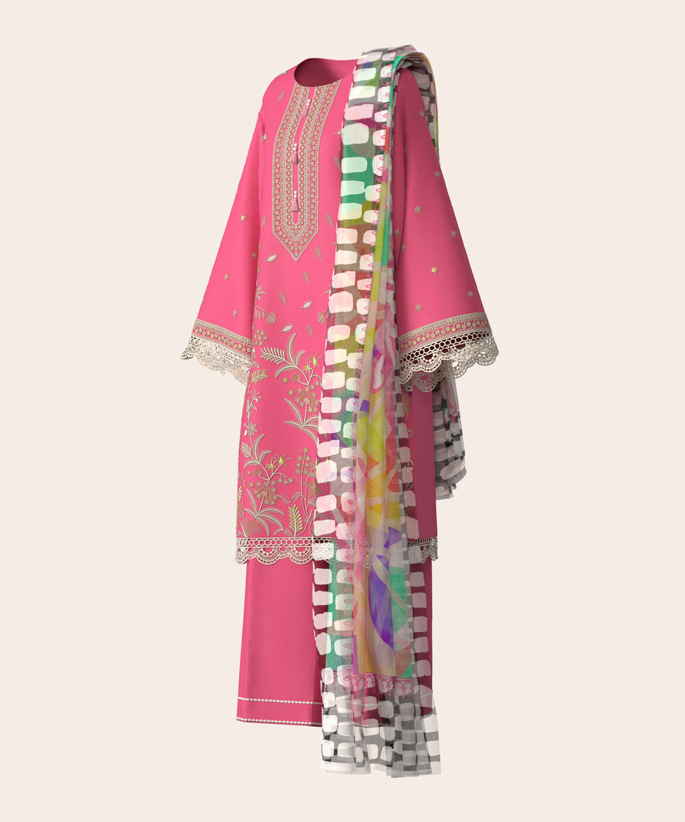 Women's Unstitched Self Jacquard Pink  Embroidered 3 Piece Suit