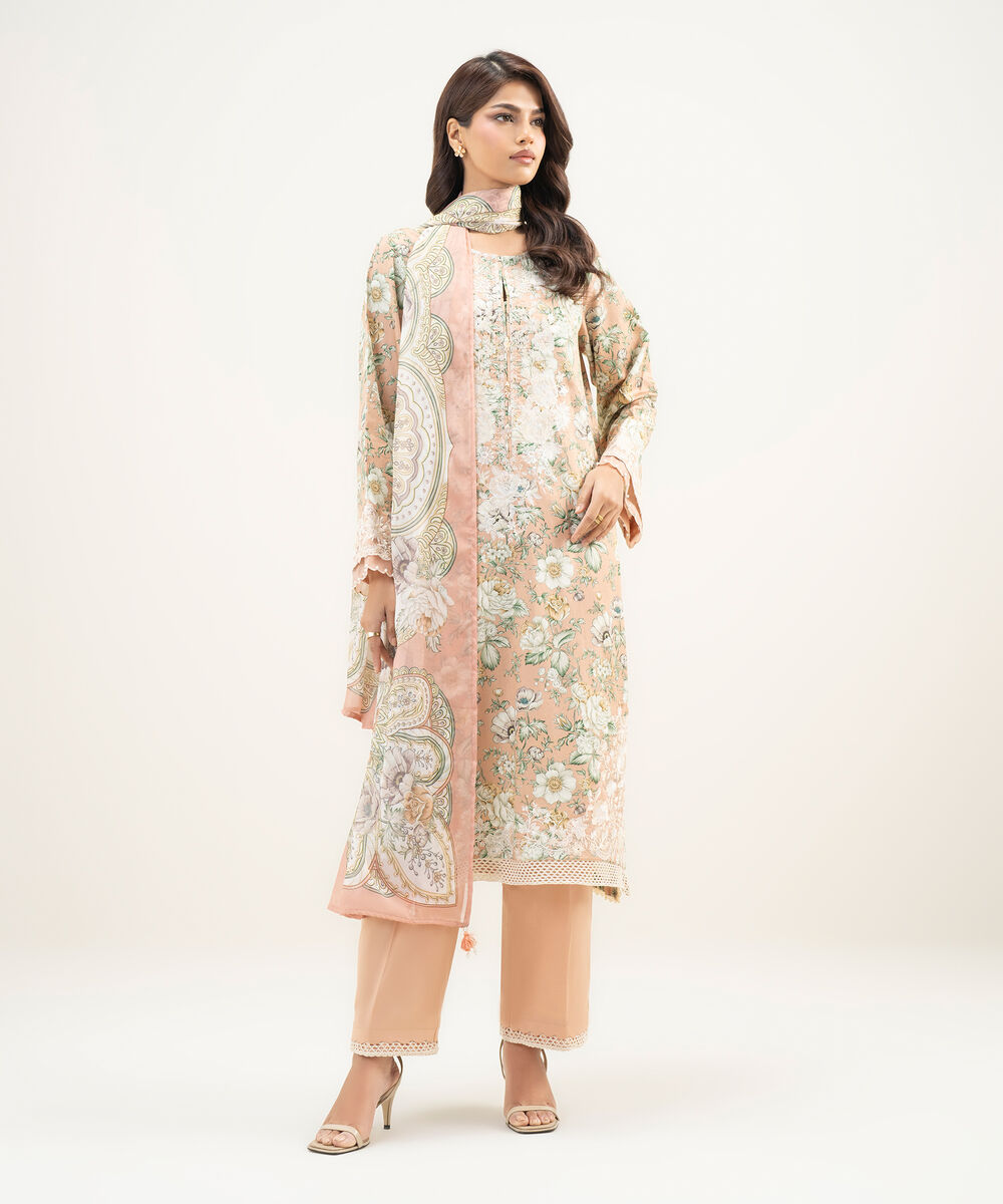 Women's RTW Lawn Embroidered Peach 3 Piece Suit