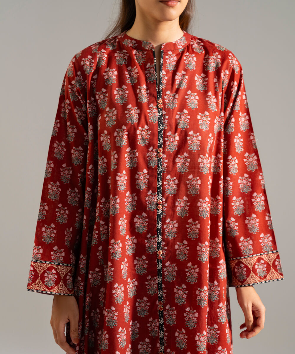 Women's RTW Slub Lawn Printed Maroon A-Line Shirt