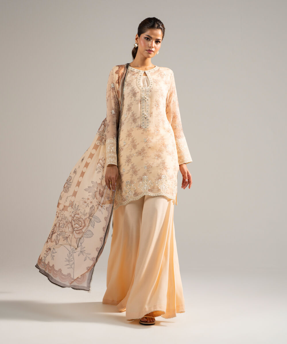 Women's RTW Chiffon Embroidered Peach 3 Piece Suit
