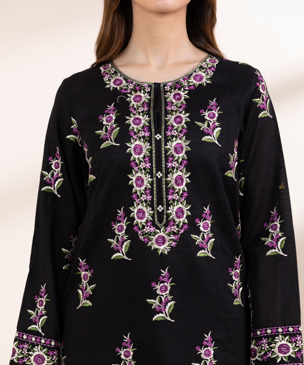 Women's Pret Dobby Black Embroidered A-Line Shirt