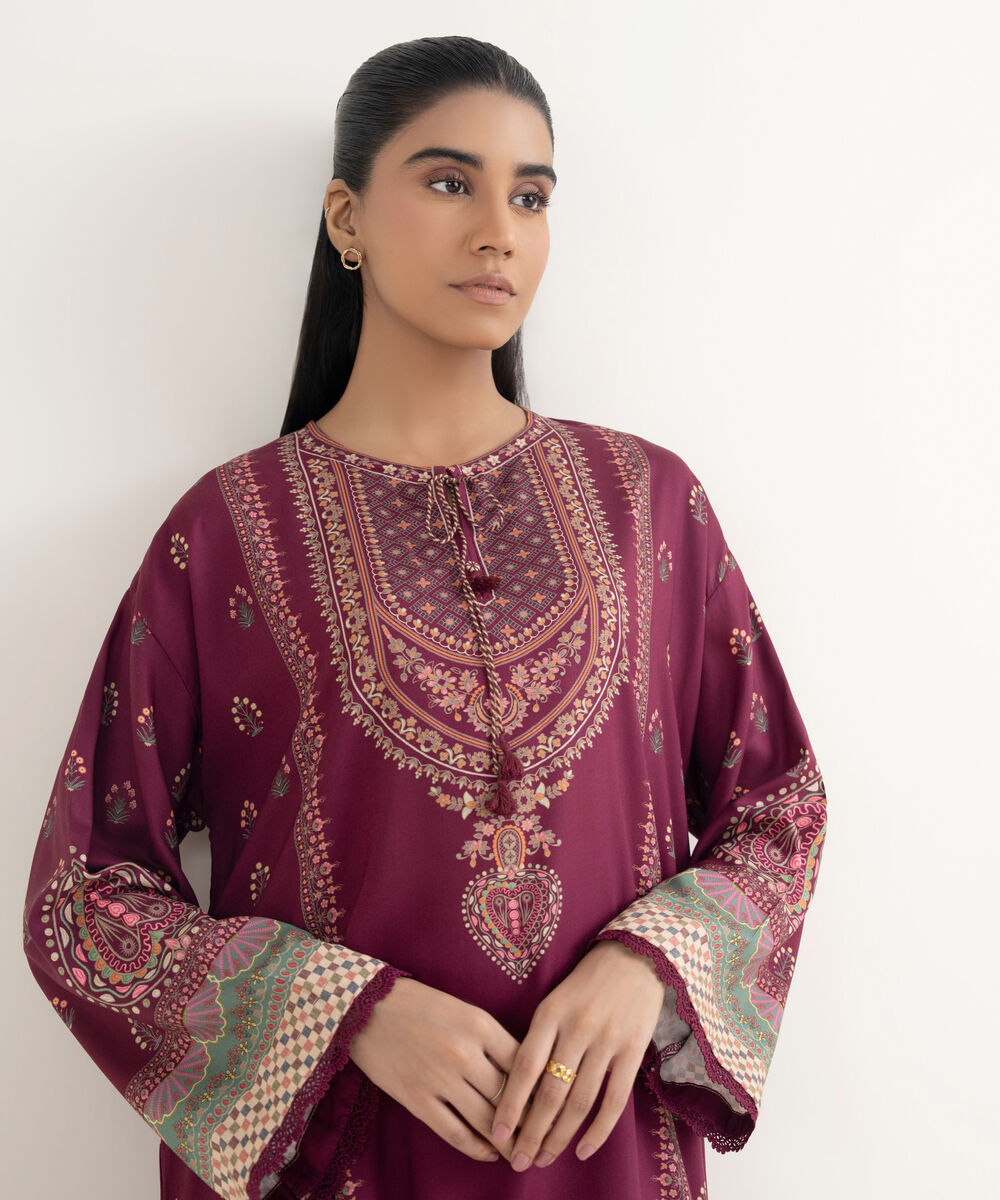 Women's RTW Viscose Linen Printed Purple Drop Shoulder Shirt