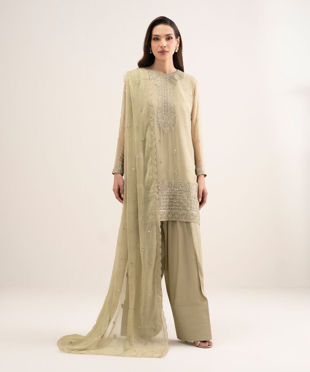 Women's Unstitched Blended Chiffon Embroidered Green 3 Piece Suit