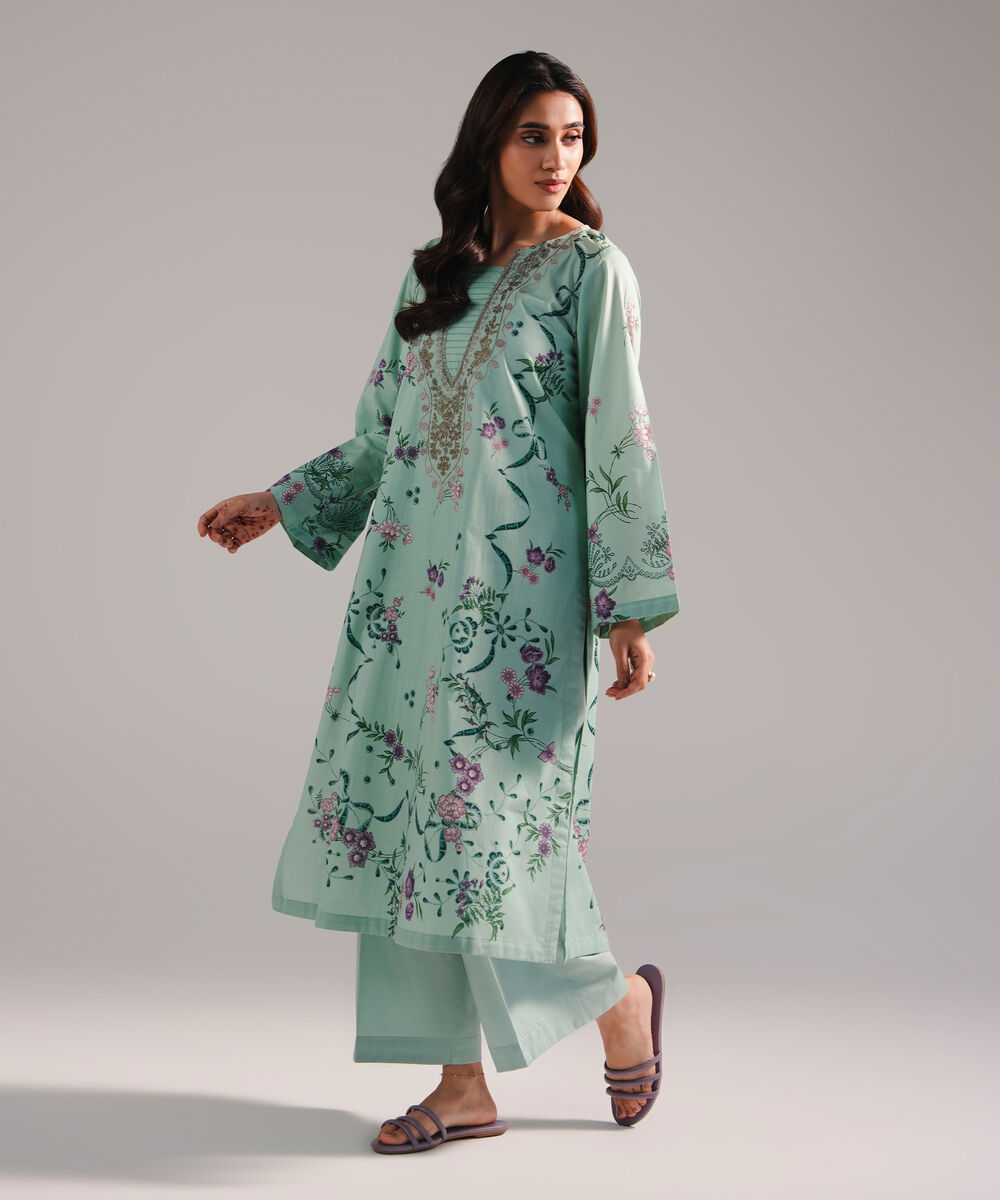 Women's RTW Slub Lawn Embroidered Green Straight Shirt