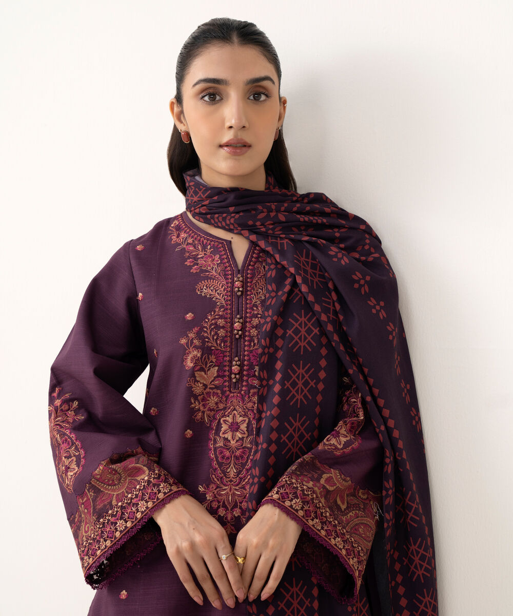 Women's Unstitched Embroidered Khaddar Plum 3 Piece Suit