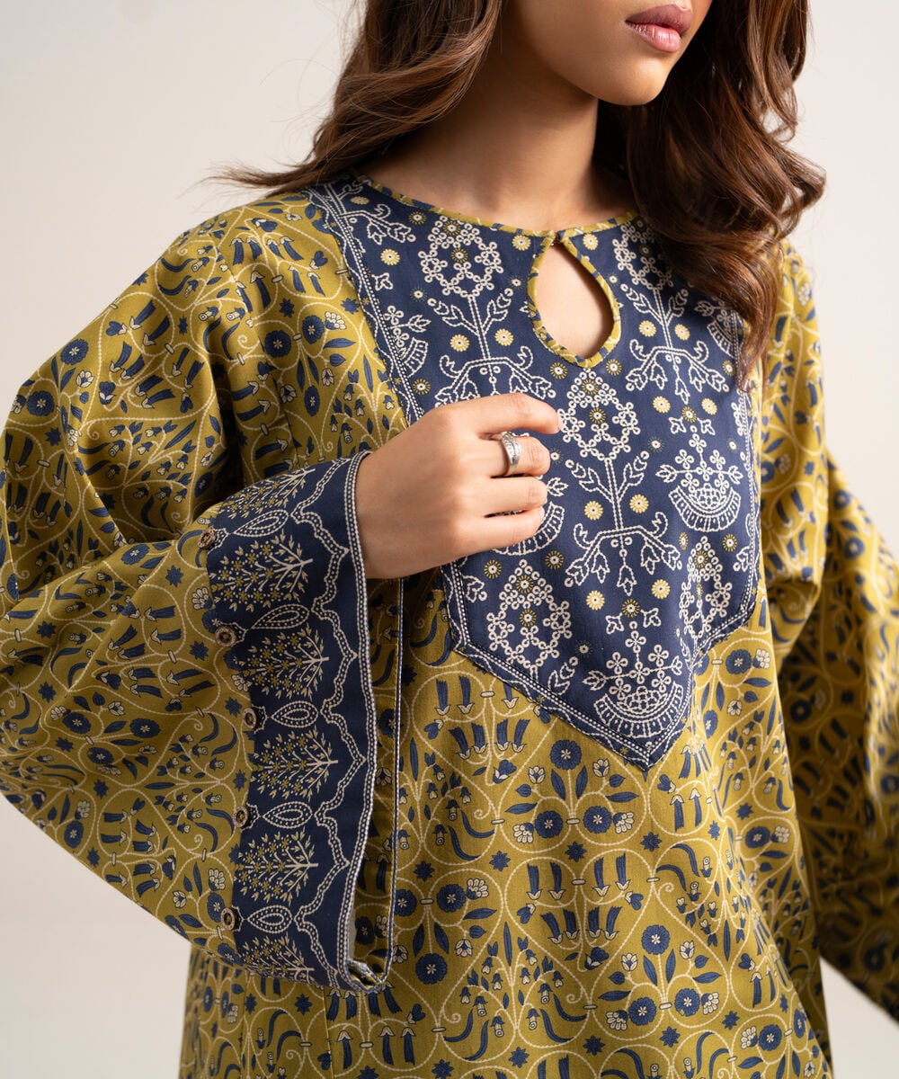 Women's Unstitched Cotton Printed Mustard 2 Piece Suit