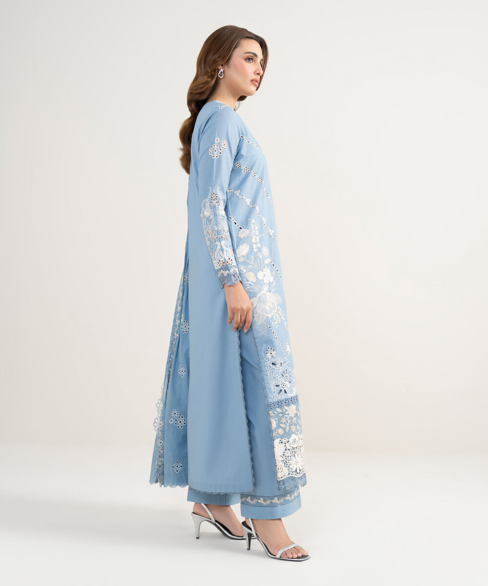 Women's Unstitched Lawn Embroidered Blue 3 Piece Suit