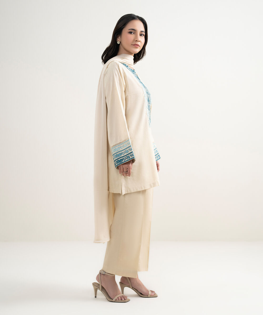 Women's RTW Self Jacquard Embroidered Beige 3 Piece Suit