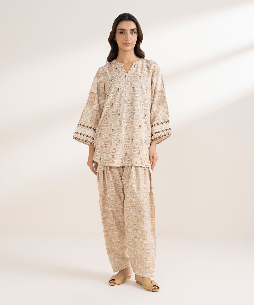 Women's RTW Arabic Khaddar Embroidered Straight Beige Shirt