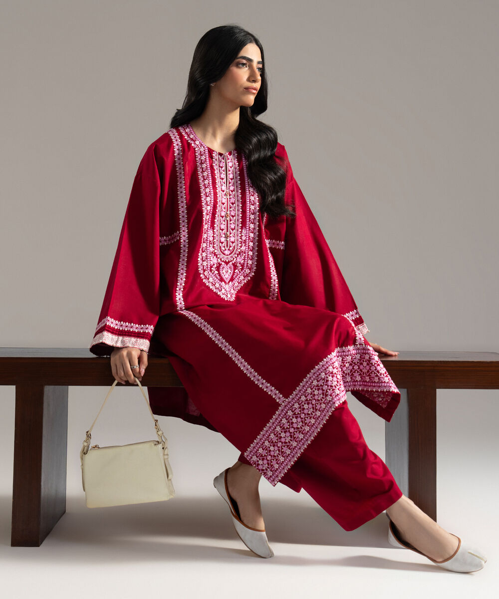 Women's RTW  Cambric Solid Embroidered Maroon Drop Shoulder