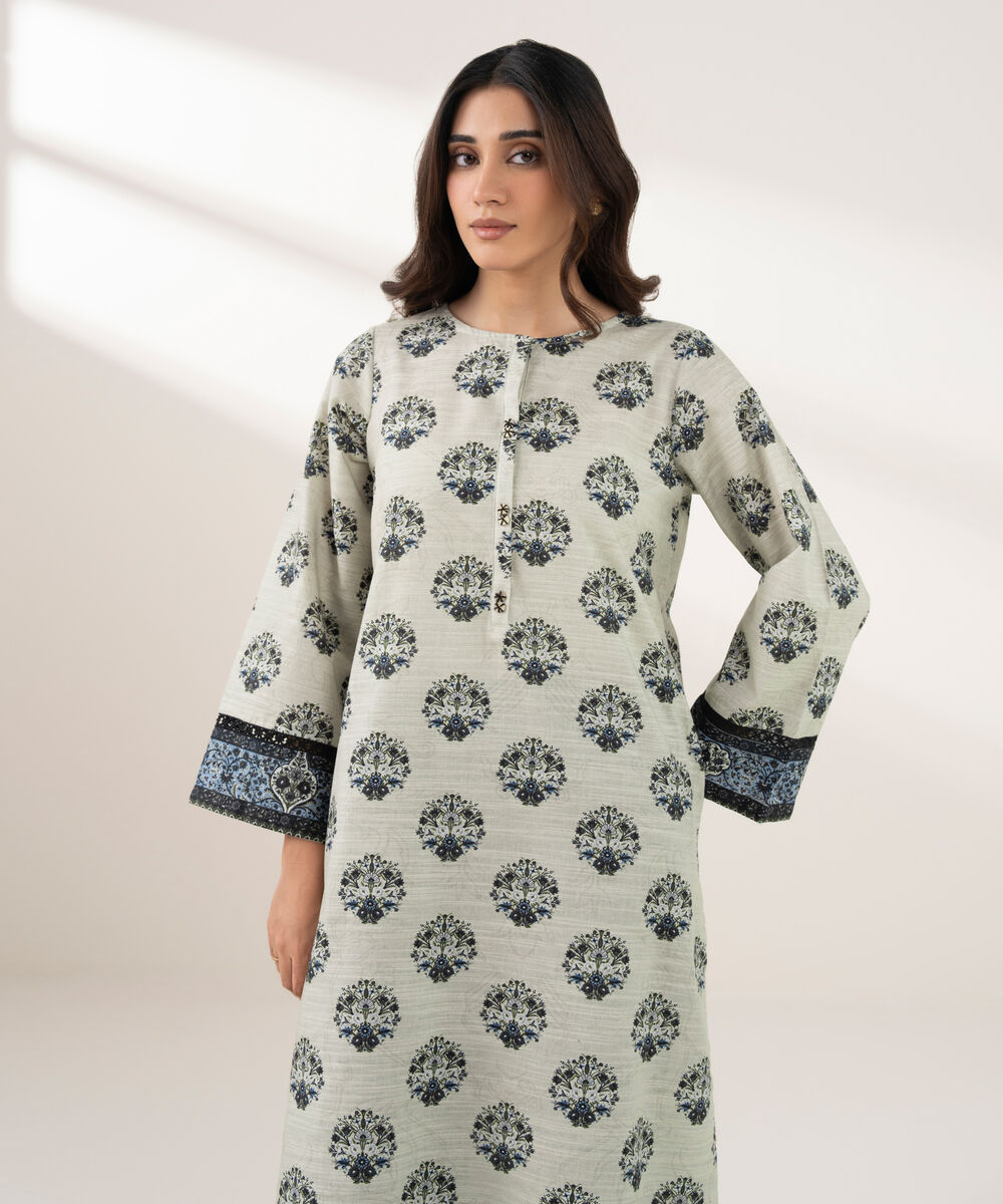 Women's RTW Light Khaddar Printed Straight Grey Shirt