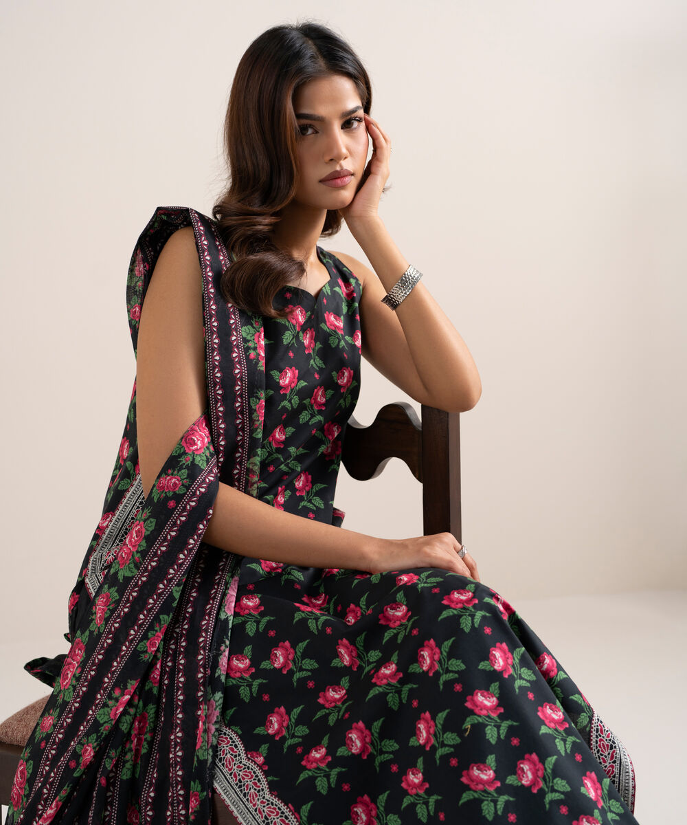 Women's Unstitched Lawn Printed Black 3 Piece Suit