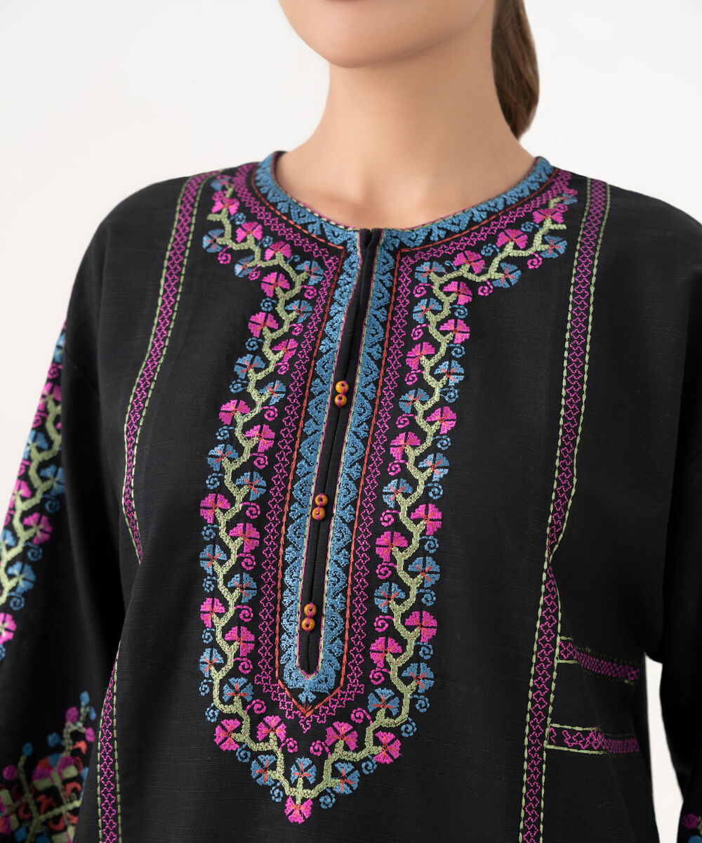 Women's RTW Light Khaddar Embroidered Black Drop Shoulder Shirt