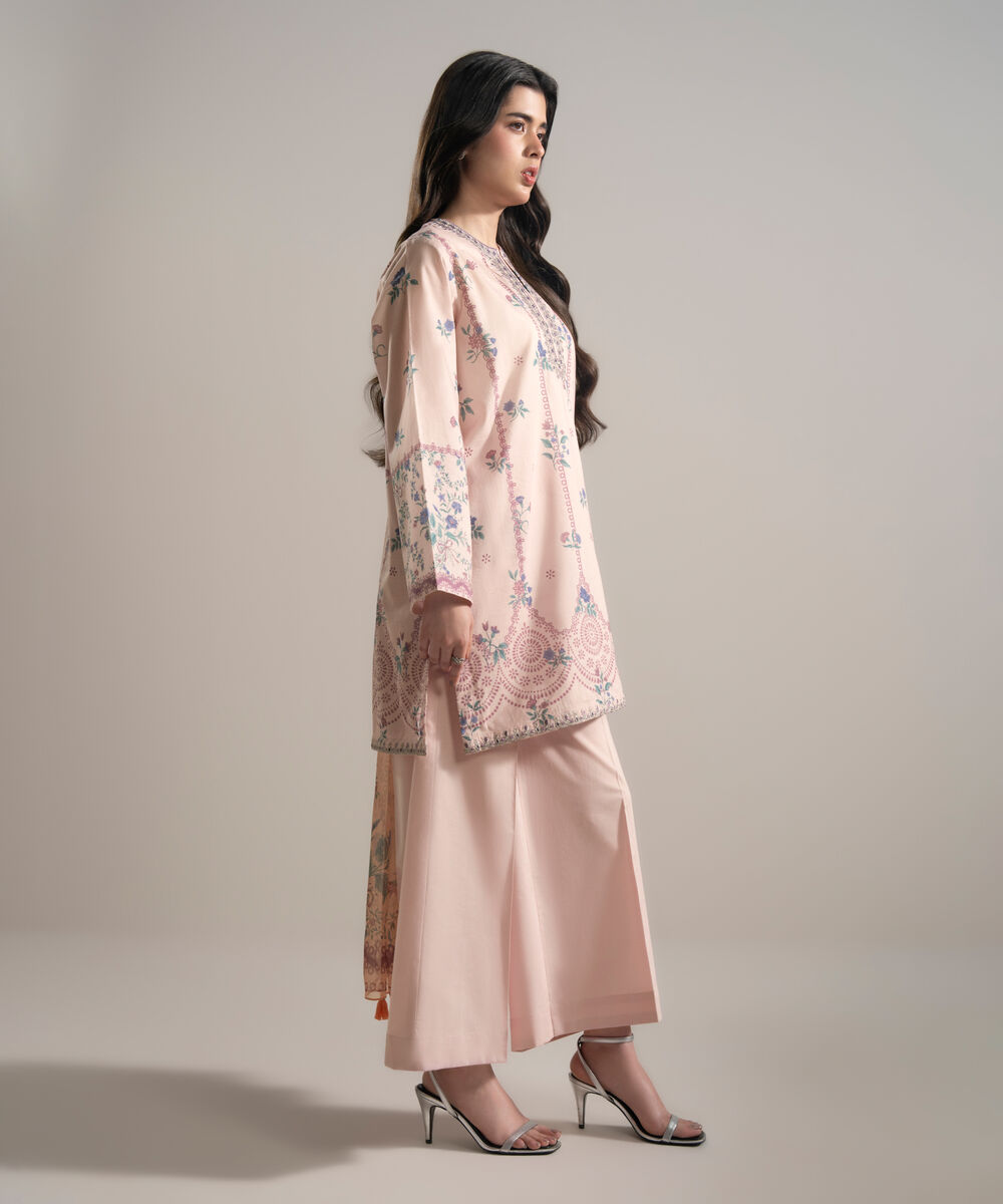 Women's RTW Slub Lawn Embroidered Purple 3 Piece Suit