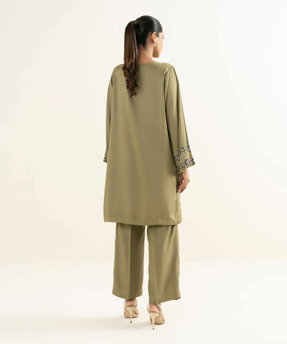 Women's RTW Bedford  Embroidered Olive Green Straight Shirt