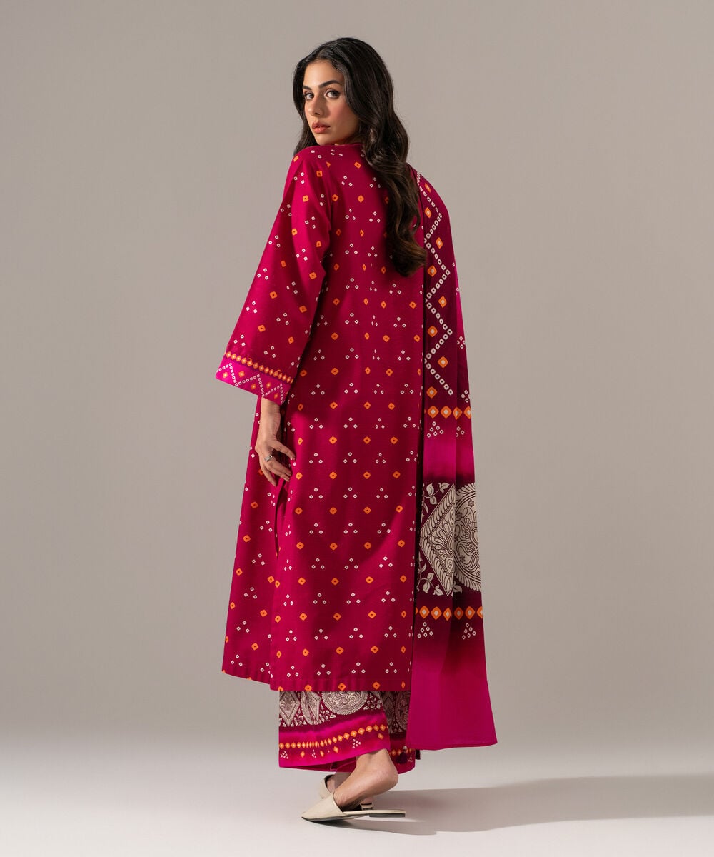 Women's RTW Khaddar Printed Pink 3 Piece Suit