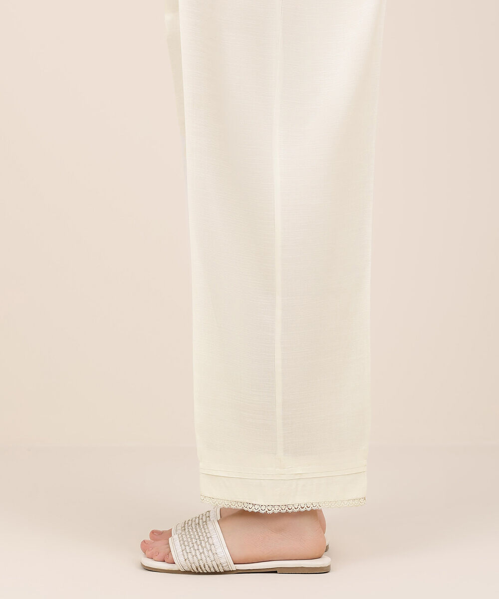 Women's RTW Cambric Off White Solid Straight Pants