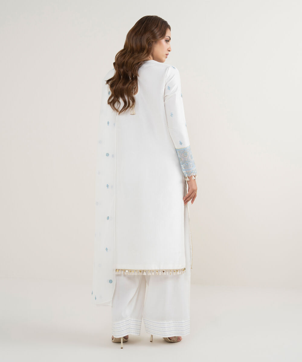 Women's Unstitched Raw Silk Embroidered White  3 Piece Suit