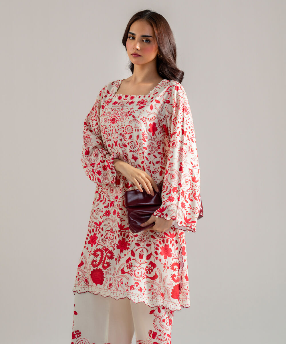 Women's RTW Arabic Lawn Printed Off White Straight Shirt
