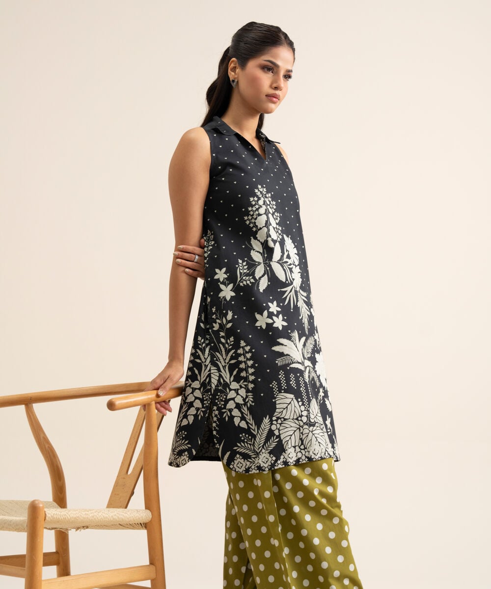 Women's Unstitched Cotton Printed Black & White 1 Piece Suit