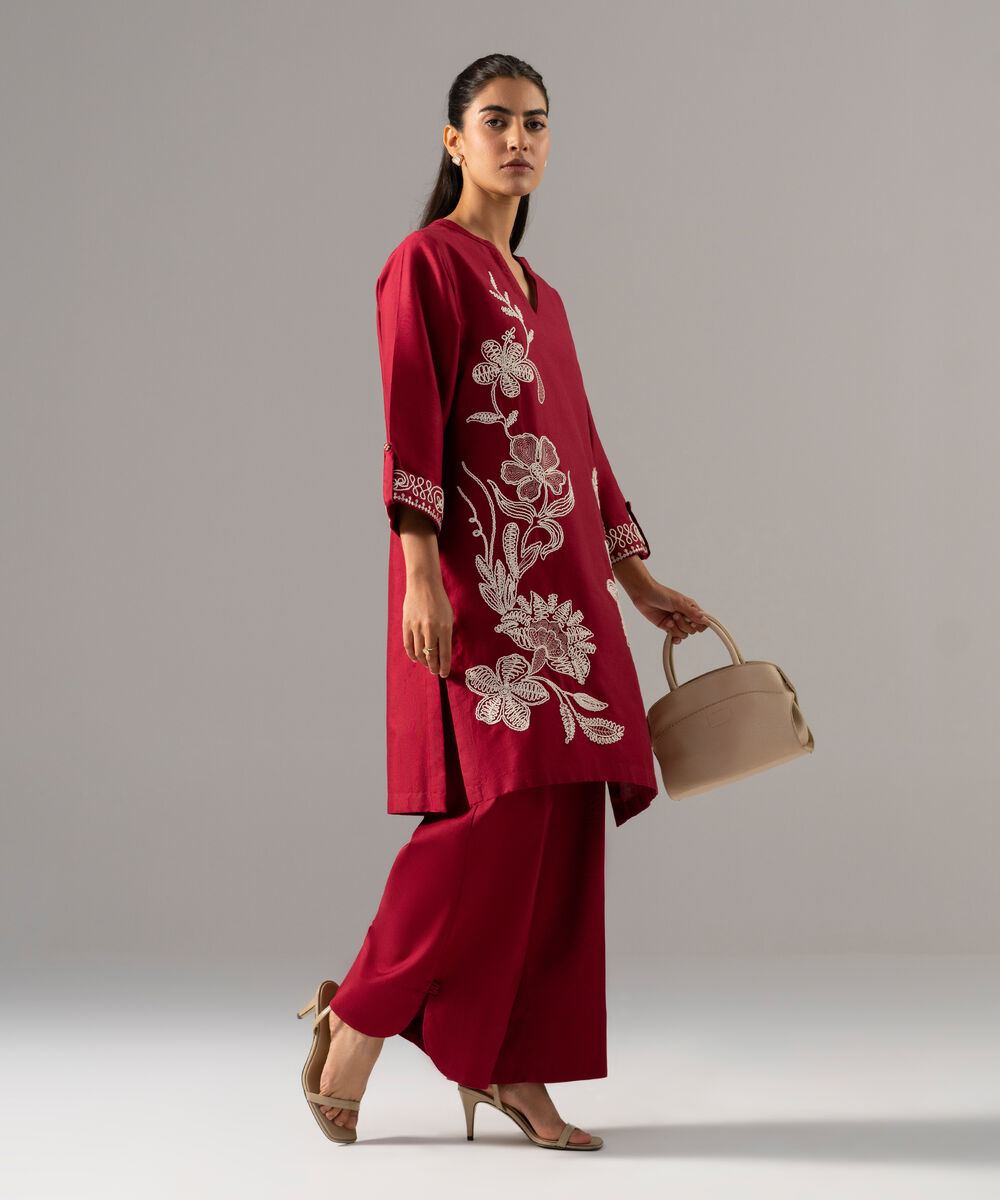 Women's RTW Cotton Linen Embroidered Red 2 Piece Suit