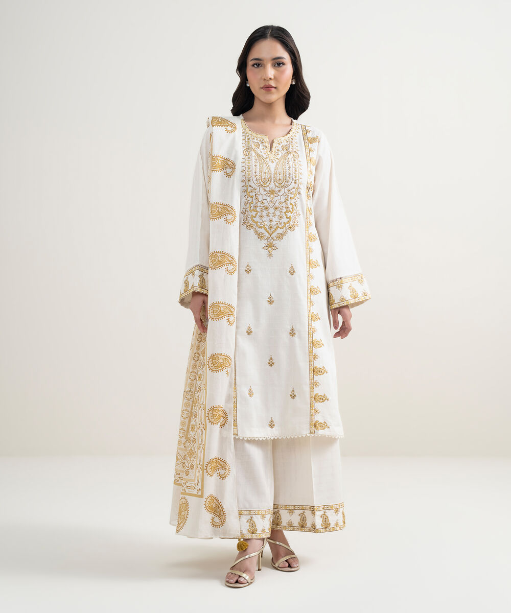 Women's RTW Dobby Embroidered Cream White 3 Piece Suit