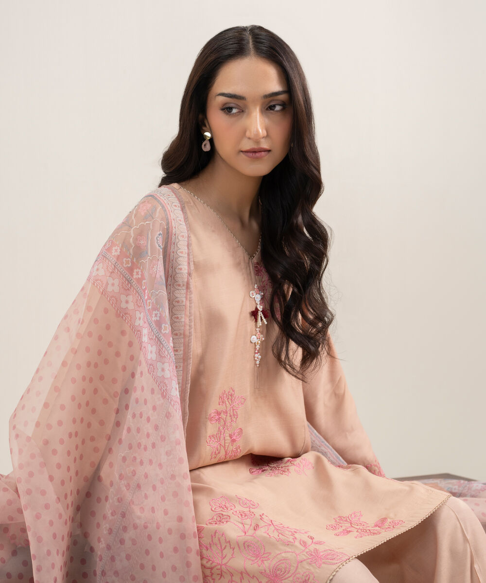 Women's RTW Viscose Raw Silk Embroidered Pink Sand 3 Piece Suit