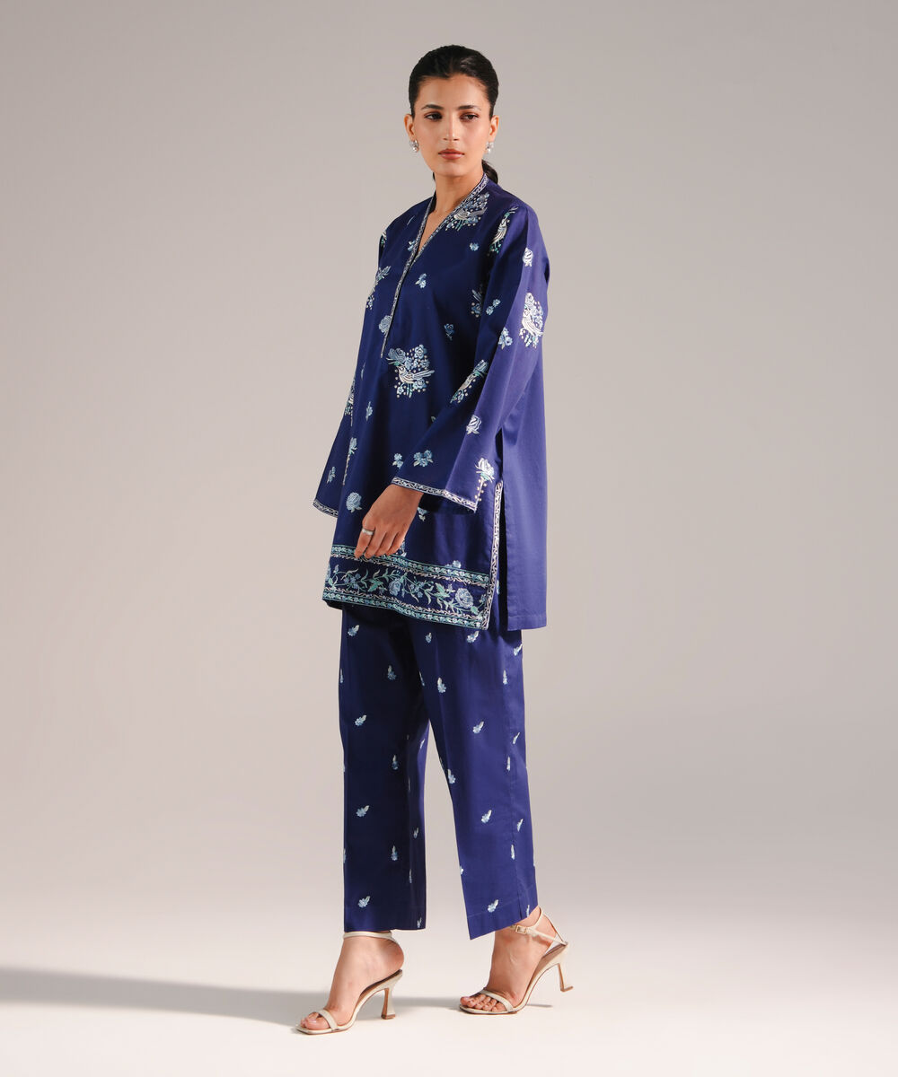Women's RTW Slub Lawn Embroidered Dark Blue 2 Piece Suit