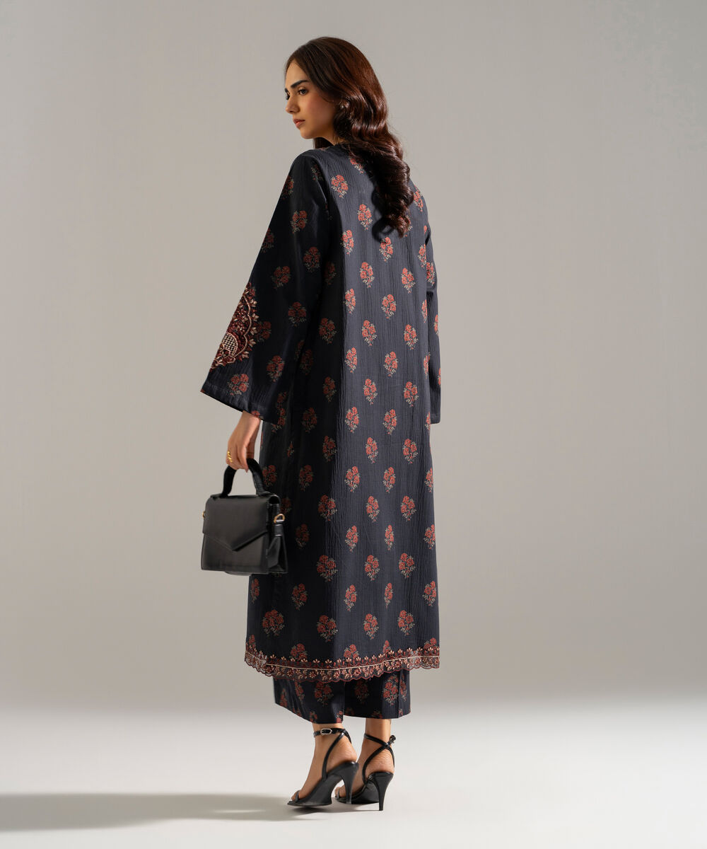 Women's RTW Seersucker Embroidered Black 2 Piece Suit