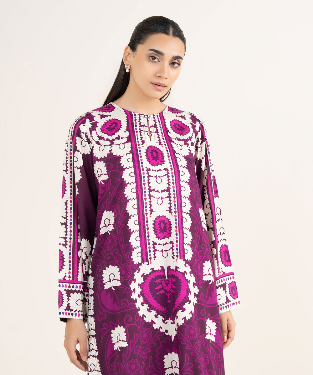 Women's RTW Arabic Lawn Purple Printed Straight Shirt