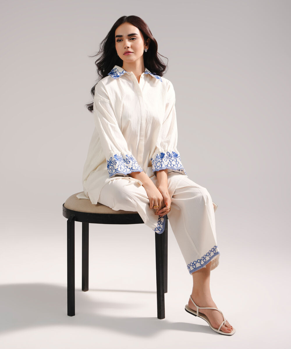 Women's RTW Seersucker Embroidered Off White Straight Shirt