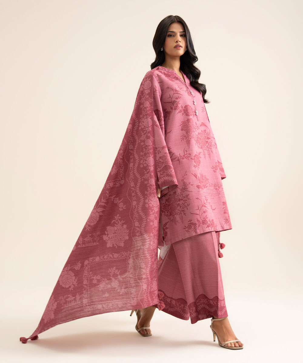 Women's Unstitched Light Khaddar Printed Pink 3 Piece Suit