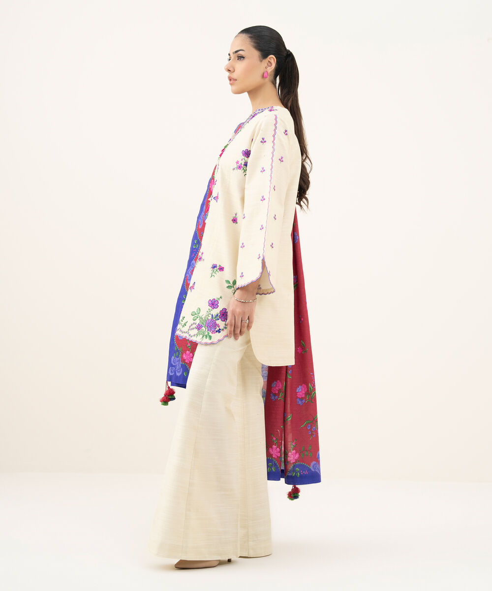 Women's Unstitched Embroidered Khaddar Off White 3 Piece Suit